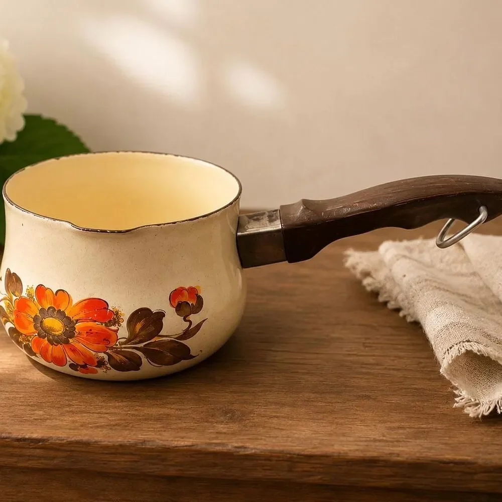 Vintage Moneta Made in Italy Enamel Saucepan | Mid-Century Floral Pan with Wood